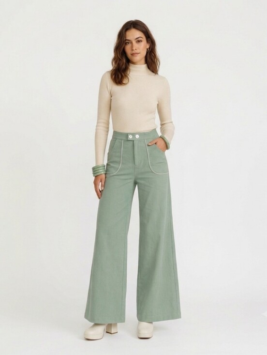 Modcloth Pants - ModCloth Mint Green White Contrast Piping Retro Stretch Wide Leg Trousers - 2